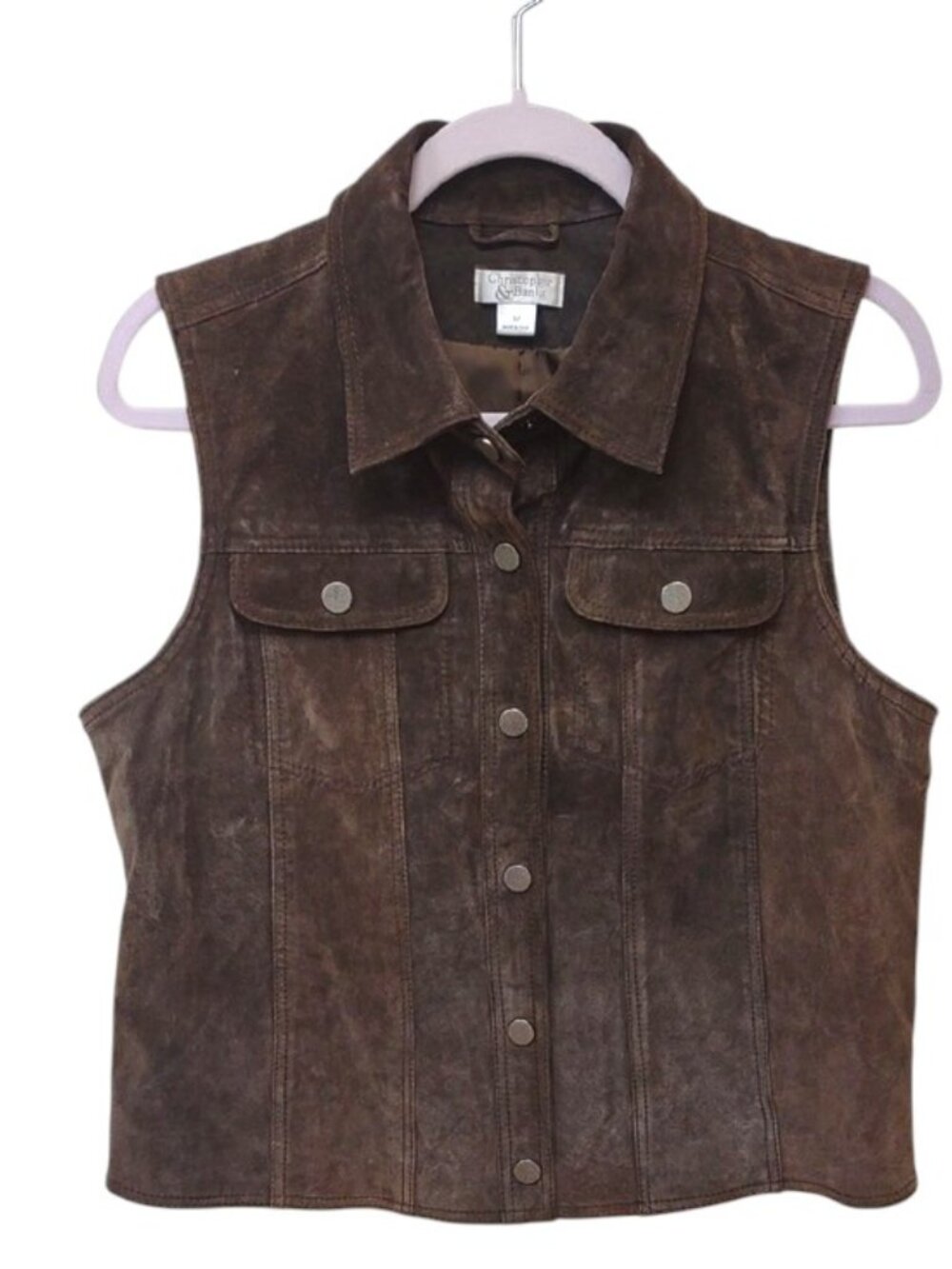 Christopher & Banks Brown Washable Suede Sleeveless Pockets Collar Snap Vest